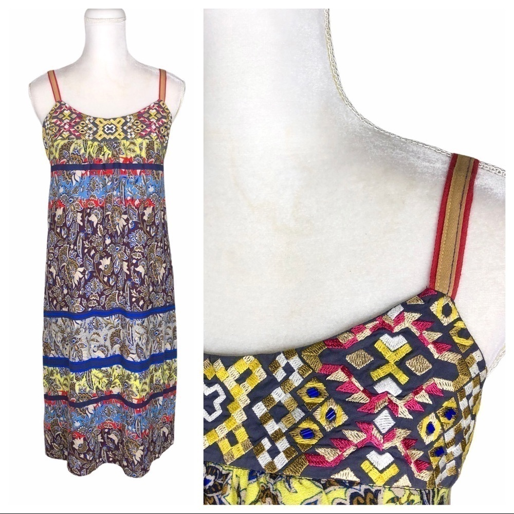 Anthropologie One September beads embroidery midi dress straps contrast print XS